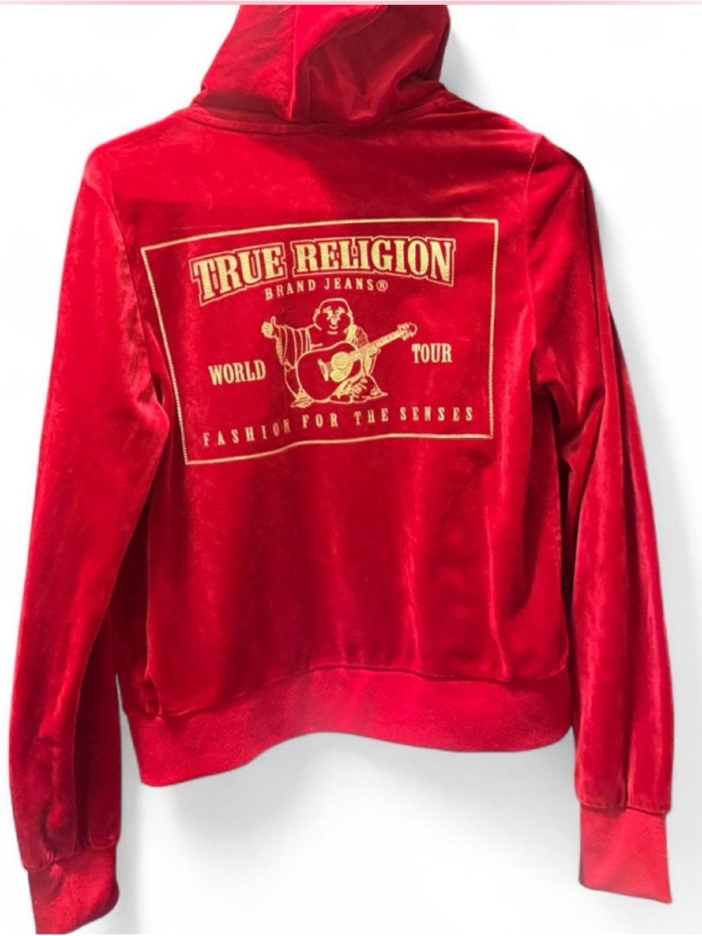 True Religion Red Velour Hooded Jacket with Gold Back Logo